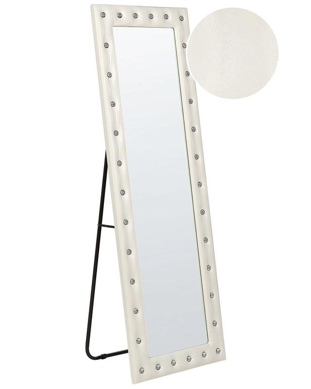 Standing Mirror White PU Leather 50 x 150 cm with Stand Acrylic Glass Rhinestones Decorative Frame Glamour Wall Dcor Beliani