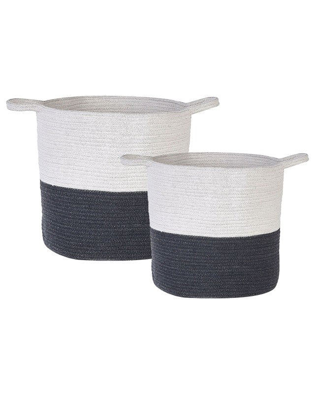 Set of 2 Storage Baskets Black White Cotton Laundry Bins Woven  Beliani