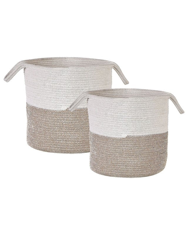 Set of 2 Storage Baskets Beige White Cotton Laundry Bins Woven  Beliani