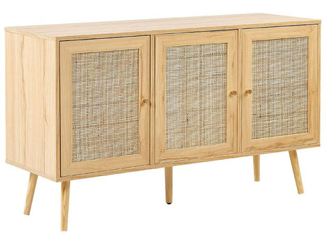 3 Door Sideboard Light Wood Manufactured Wood with Rattan Front Drawers Boho Style Nighstand Beliani