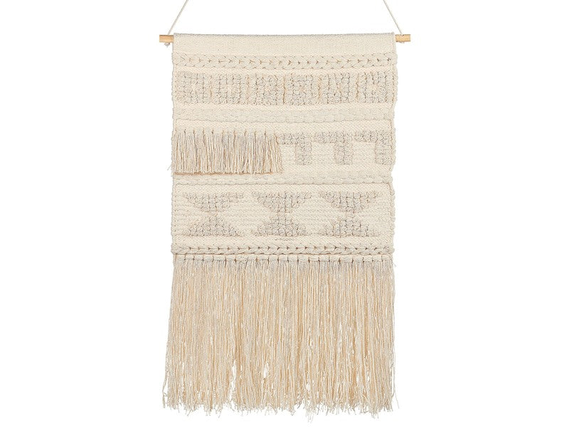 Wall Hanging Beige Cotton Handwoven with Tassels Geometric Pattern Wall Décor Hanging Decoration Boho Style Living Room Bedroom Kids Room Beliani