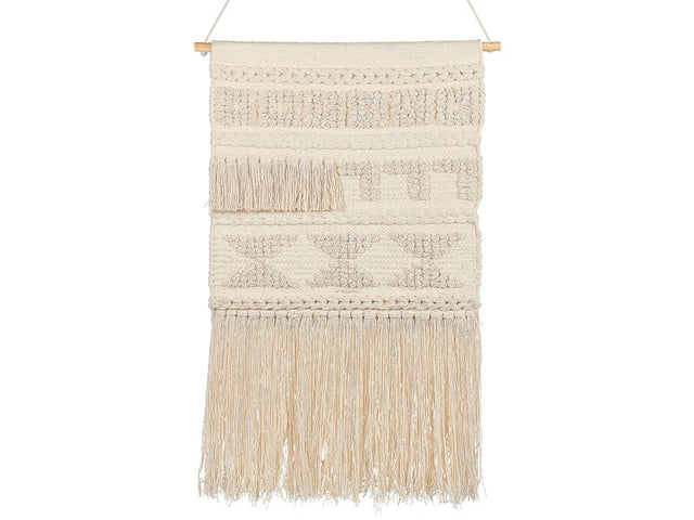 Wall Hanging Beige Cotton Handwoven with Tassels Geometric Pattern Wall Décor Hanging Decoration Boho Style Living Room Bedroom Kids Room Beliani