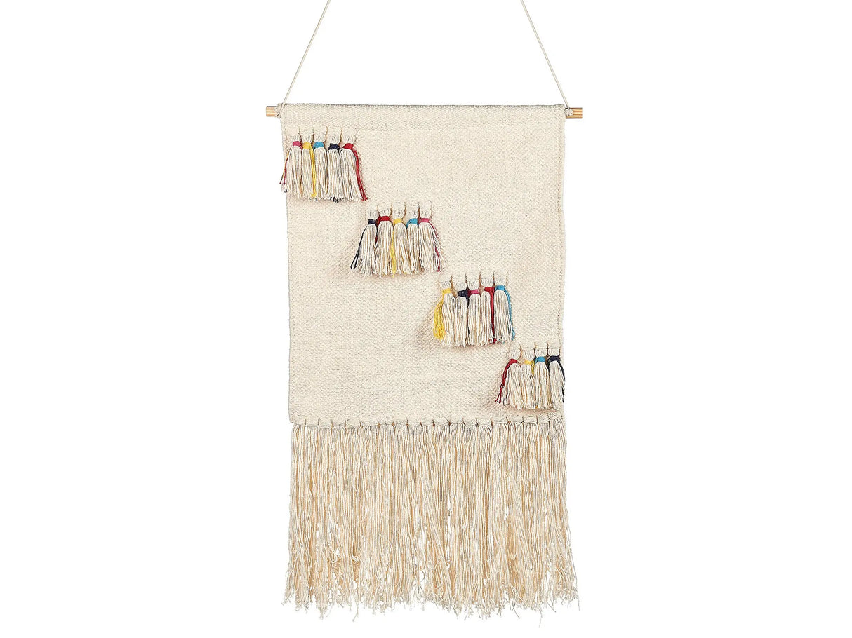 Wall Hanging Beige Cotton Handwoven with Tassels Wall Dcor Hanging Decoration Boho Style Living Room Bedroom Kids Room Beliani
