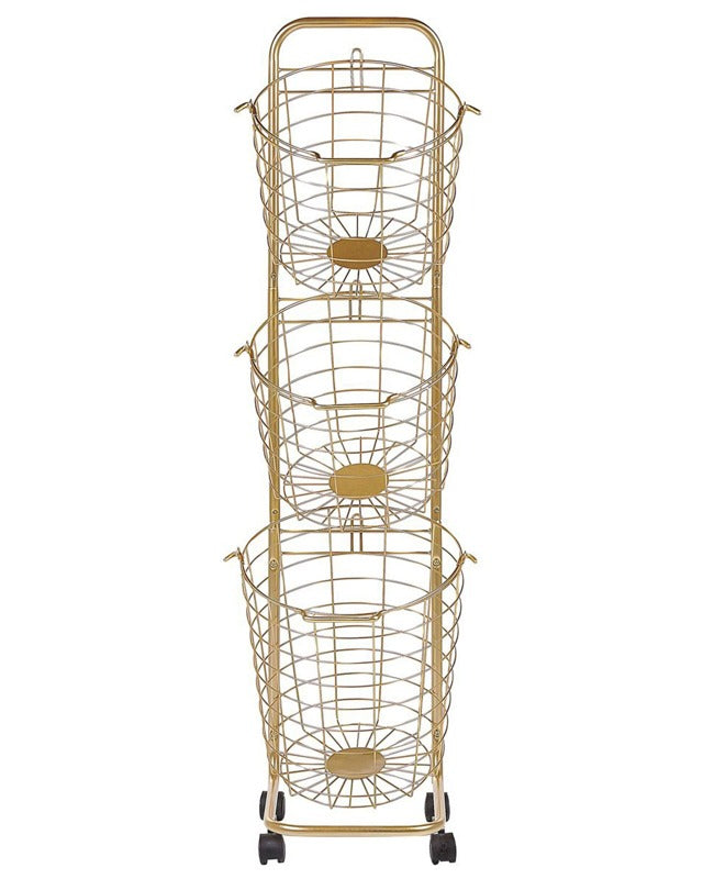 3 Tier Wire Basket Stand Gold Metal with Castors Handles Detachable Kitchen Bathroom Storage Accessory for Towels Newspaper Fruits Vegetables Beliani