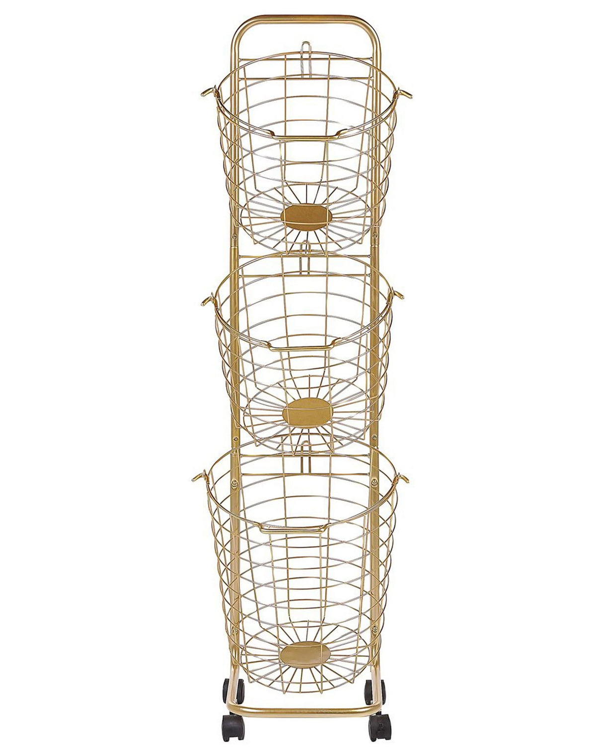 3 Tier Wire Basket Stand Gold Metal with Castors Handles Detachable Kitchen Bathroom Storage Accessory for Towels Newspaper Fruits Vegetables Beliani