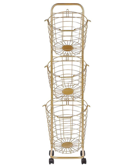 3 Tier Wire Basket Stand Gold Metal with Castors Handles Detachable Kitchen Bathroom Storage Accessory for Towels Newspaper Fruits Vegetables Beliani