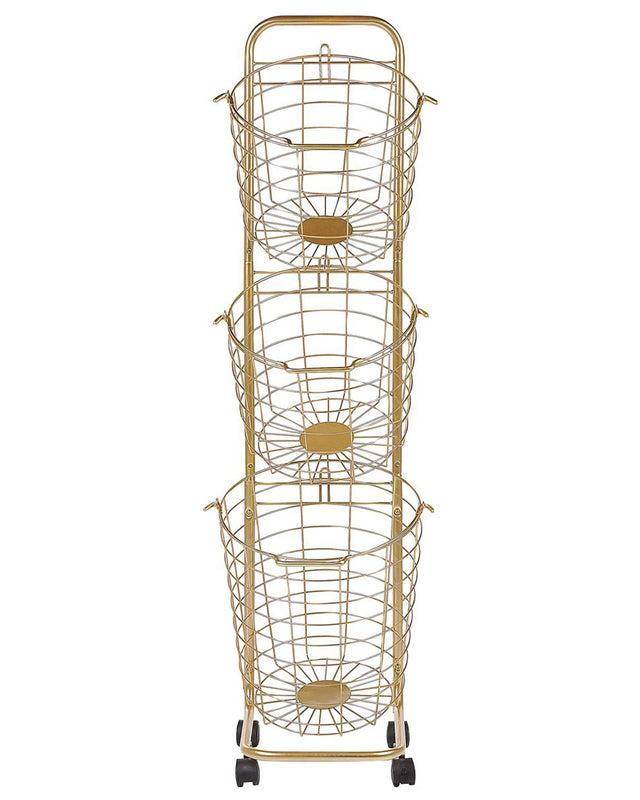 3 Tier Wire Basket Stand Gold Metal with Castors Handles Detachable Kitchen Bathroom Storage Accessory for Towels Newspaper Fruits Vegetables Beliani