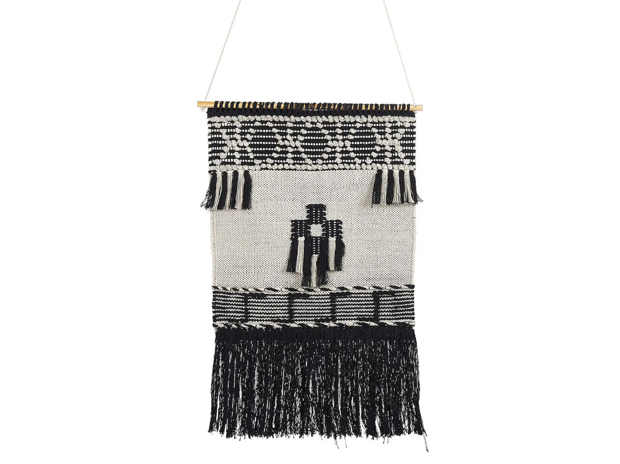 Wall Hanging Beige Cotton Handwoven with Tassels Geometric Pattern Wall Dcor Hanging Decoration Boho Style Living Room Bedroom Beliani