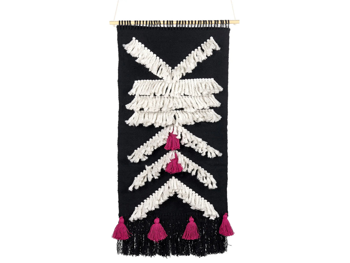 Wall Hanging Black and White Cotton Handwoven with Tassels Geometric Pattern Wall Dcor Hanging Decoration Boho Style Living Room Bedroom Beliani