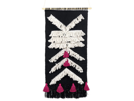 Wall Hanging Black and White Cotton Handwoven with Tassels Geometric Pattern Wall Dcor Hanging Decoration Boho Style Living Room Bedroom Beliani