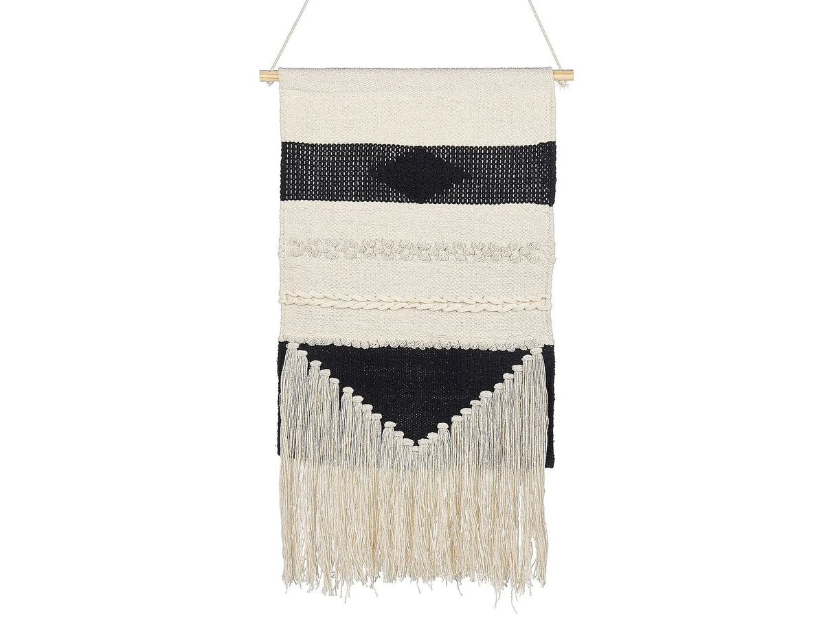 Wall Hanging Beige Cotton Handwoven with Tassels Geometric Pattern Wall Dcor Hanging Decoration Boho Style Living Room Bedroom Beliani