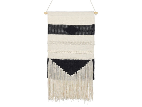 Wall Hanging Beige Cotton Handwoven with Tassels Geometric Pattern Wall Dcor Hanging Decoration Boho Style Living Room Bedroom Beliani
