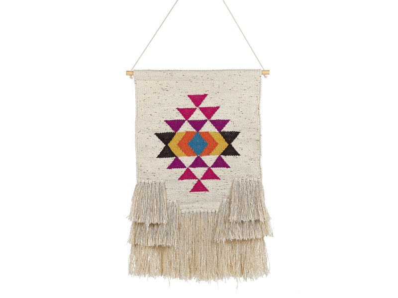 Wall Hanging Beige Cotton Handwoven with Tassels Geometric Pattern Wall Décor Hanging Decoration Boho Style Living Room Bedroom Beliani