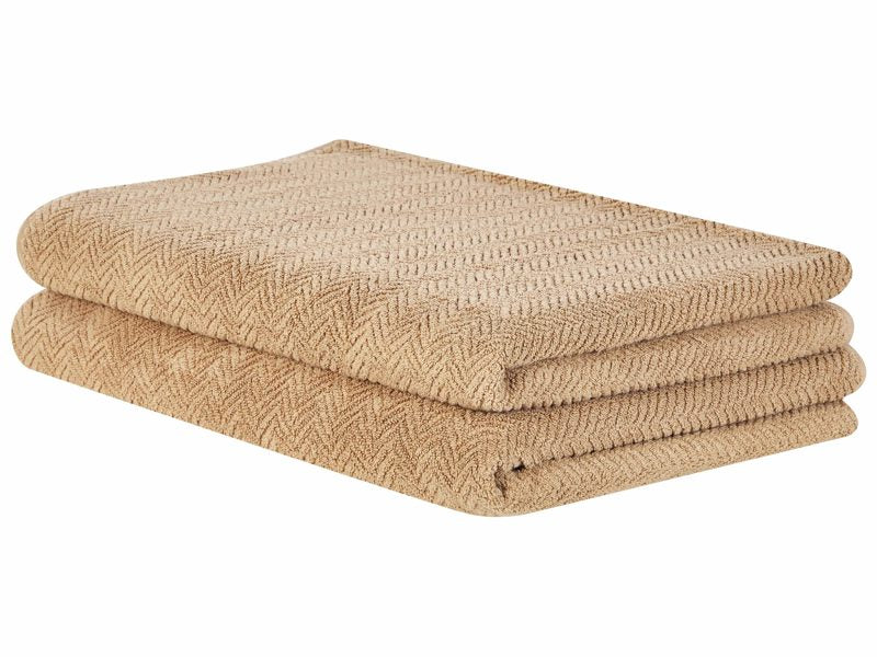 Set of 2 Bath Sheets Towels Beige Terry Cotton 100 x 150 cm Chevron Pattern Texture Bath Towels Beliani