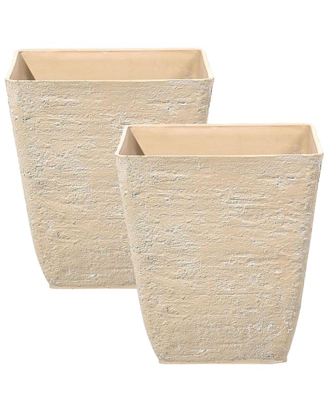 Set of 2 Plant Pots Beige Stone Polyresin 39 x 39 x 43 cm Indoor Outdoor Square Beliani