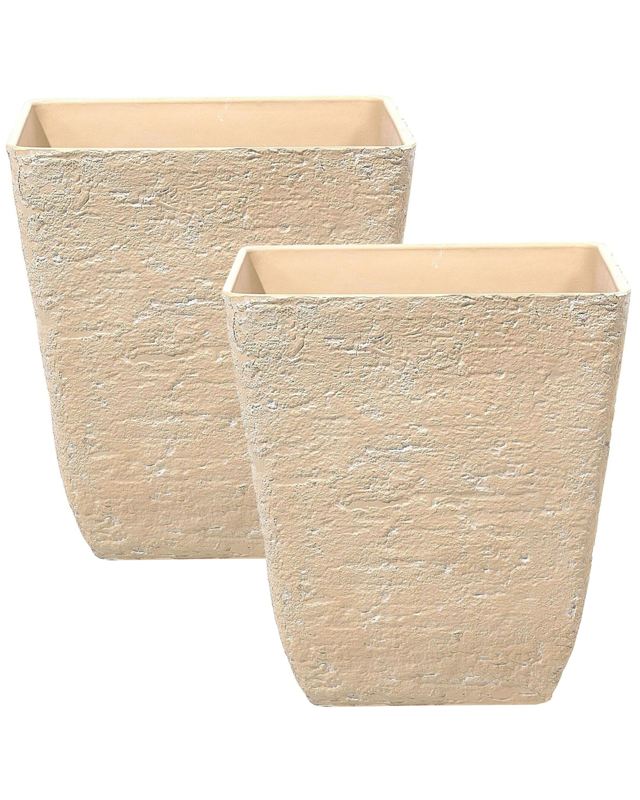 Set of 2 Plant Pots Beige Stone Polyresin 49 x 49 x 53 cm Indoor Outdoor Square Beliani