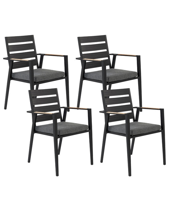 Set of 4 Garden Dining Chairs Black Aluminium Frame with Cushions Slatted Backrest Design Modern Beliani