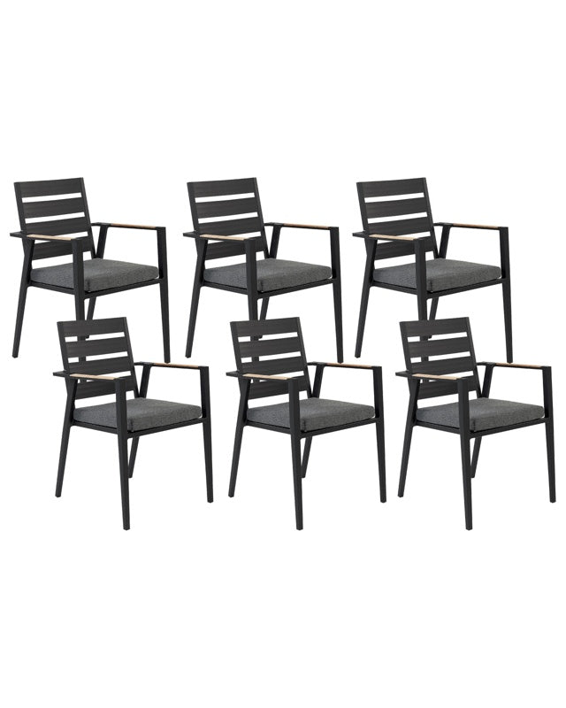 Set of 6 Garden Dining Chairs Black Aluminium Frame with Cushions Slatted Backrest Design Modern Beliani