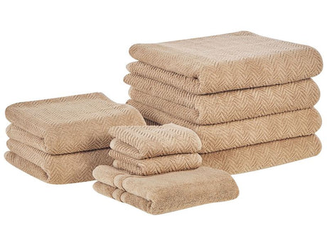 Set of 9 Towels Beige Terry Cotton Chevron Pattern Texture Bath Towels Guest Towels Hand Towels Bath Mat Beliani