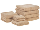 Set of 9 Towels Beige Terry Cotton Chevron Pattern Texture Bath Towels Guest Towels Hand Towels Bath Mat Beliani