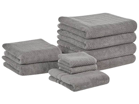 Set of 9 Towels Grey Terry Cotton Chevron Pattern Texture Bath Towels Guest Towels Hand Towels Bath Mat Beliani