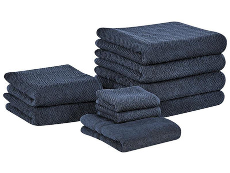 Set of 9 Towels Dark Blue Terry Cotton Chevron Pattern Texture Bath Towels Guest Towels Hand Towels Bath Mat Beliani