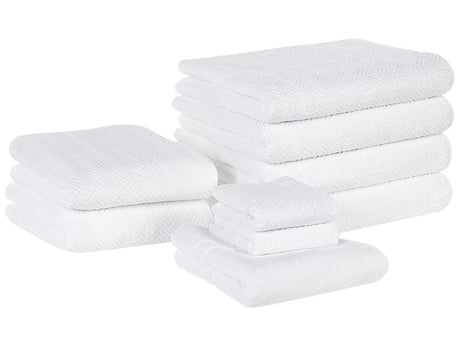 Set of 9 Towels White Terry Cotton Chevron Pattern Texture Bath Towels Guest Towels Hand Towels Bath Mat Beliani