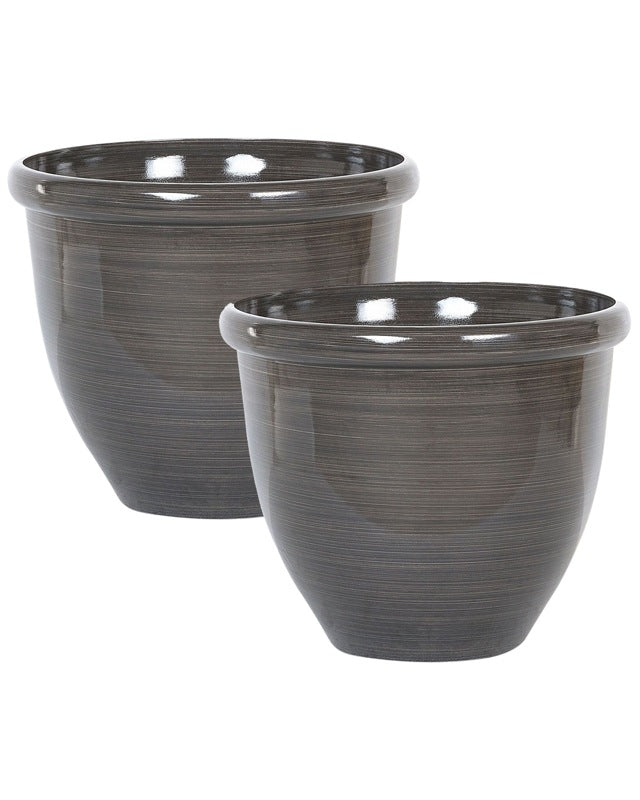 Set of 2 Plant Pots Solid Brown Stone Mixture Polyresin ⌀ 49 cm High Gloss Outdoor Resistances Round All-Weather Beliani