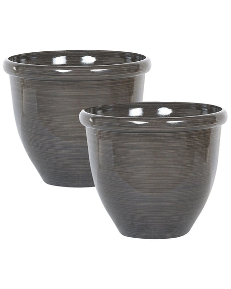 Set of 2 Plant Pots Solid Brown Stone Mixture Polyresin  49 cm High Gloss Outdoor Resistances Round All-Weather Beliani