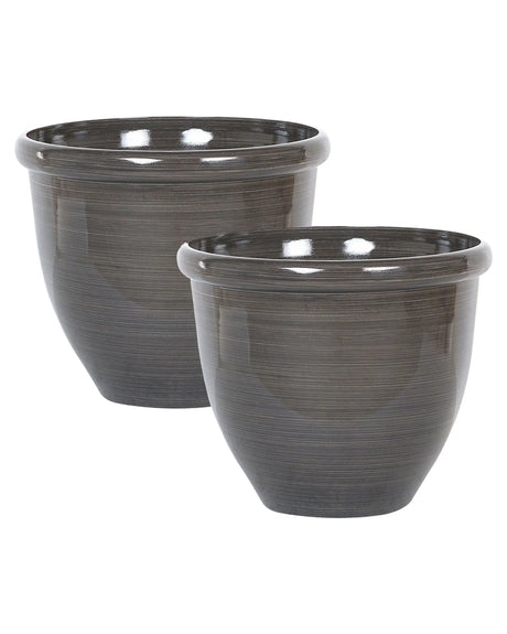 Set of 2 Plant Pots Solid Brown Stone Mixture Polyresin   44 cm High Gloss Outdoor Resistances Round All-Weather Beliani