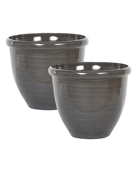 Set of 2 plant pots Solid Brown Stone Mixture Polyresin  40 cm High Gloss Outdoor Resistances Round All-Weather Beliani