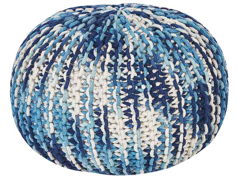 Pouf Ottoman White and Blue 50 x 35 cm Knitted Cotton EPS Beads Filling Round Small Footstool  Beliani