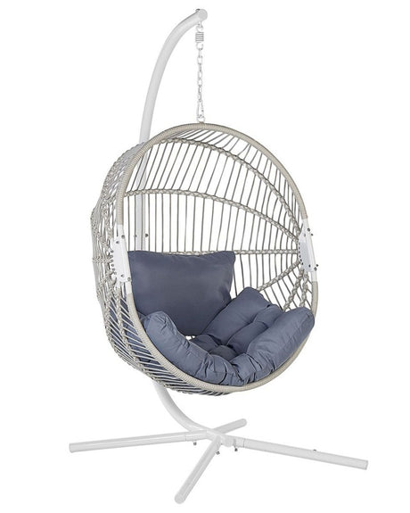 Hanging Chair White Rattan Metal Frame Indoor-Outdoor Egg Shape Boho Beliani