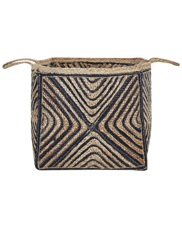 Storage Basket Beige and Black Jute Braided Laundry Hamper Fabric Bin Beliani