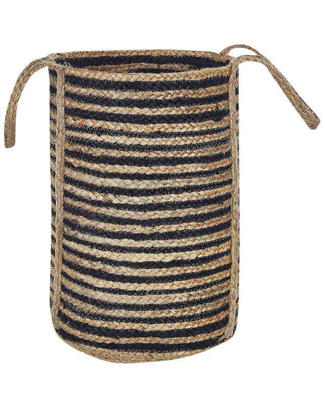 Storage Basket Beige and Black Jute Braided Laundry Hamper Fabric Bin Beliani