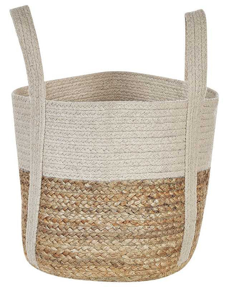 Storage Basket Beige and White Jute and Cotton Braided Laundry Hamper Fabric Bin Beliani