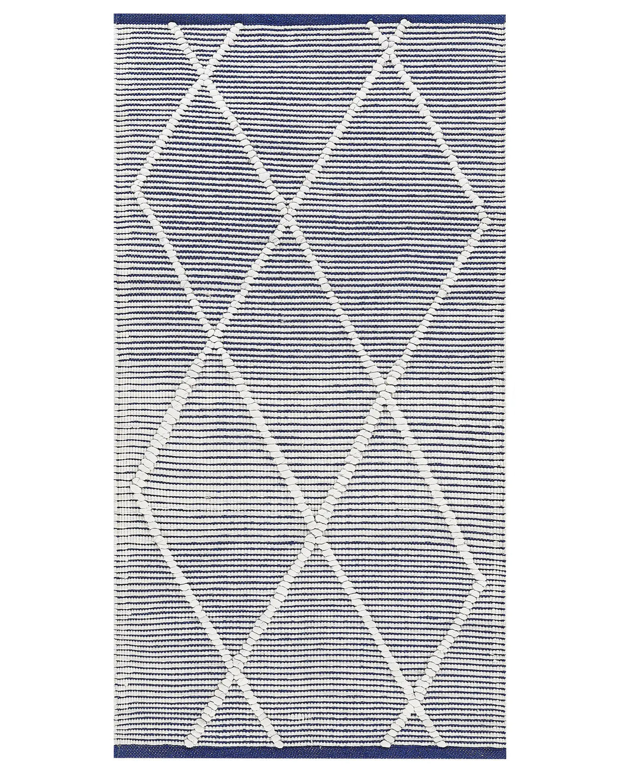 Area Rug White and Blue Cotton 80 x 150 cm Rectangular Hand Woven Modern Design Beliani