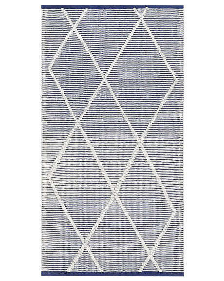 Area Rug White and Blue Cotton 80 x 150 cm Rectangular Hand Woven Modern Design Beliani