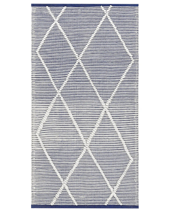 Area Rug White and Blue Cotton 80 x 150 cm Rectangular Hand Woven Modern Design Beliani