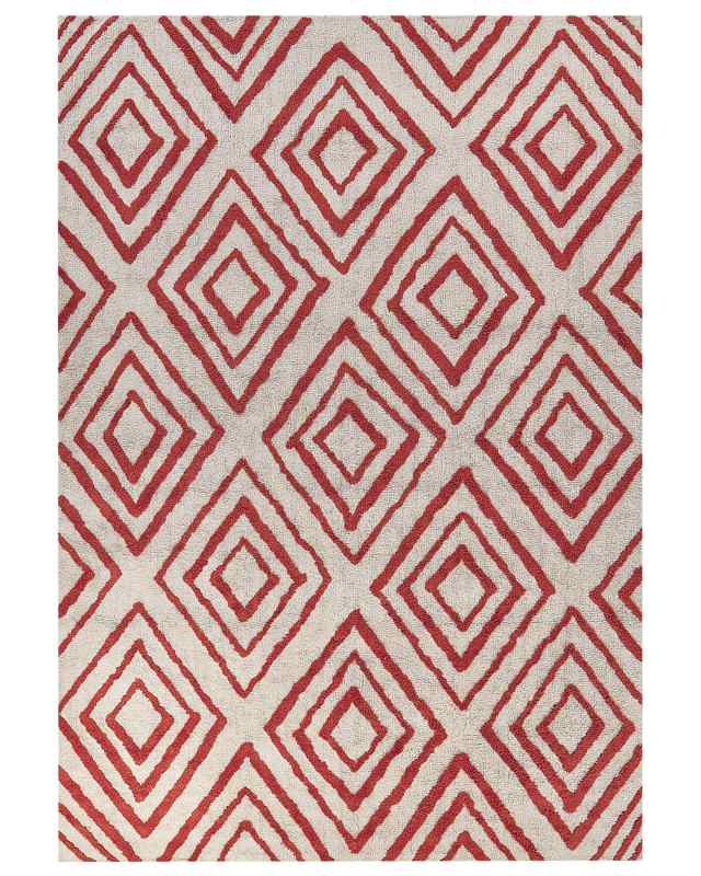 Area Rug White and Red Cotton 160 x 230 cm Geometric Pattern Rectangular Hand Woven Modern Design Beliani