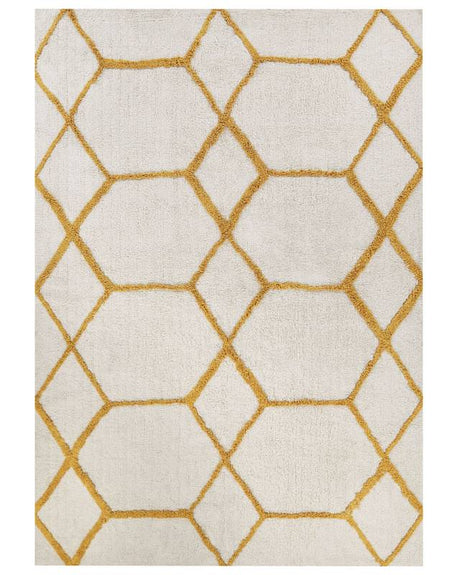 Area Rug White and Yellow Cotton 160 x 230 cm Geometric Pattern Rectangular Hand Woven Modern Design Beliani