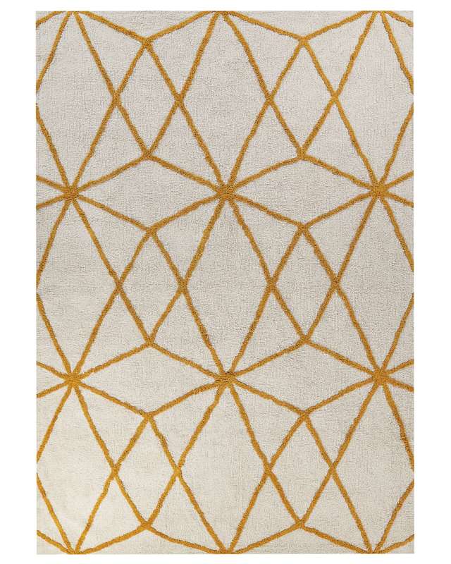 Area Rug White and Yellow Cotton 160 x 230 cm Geometric Pattern Rectangular Hand Woven Modern Design Beliani