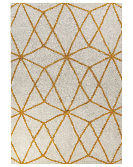 Area Rug White and Yellow Cotton 160 x 230 cm Geometric Pattern Rectangular Hand Woven Modern Design Beliani