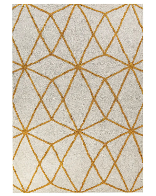 Area Rug White and Yellow Cotton 160 x 230 cm Geometric Pattern Rectangular Hand Woven Modern Design Beliani