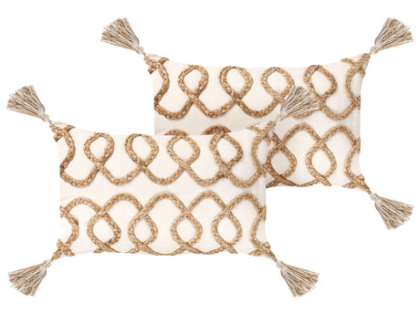2 Cushions Beige Jute Cotton Cover 30 x 50 cm Decorative Pillow Geometric Pattern Beliani