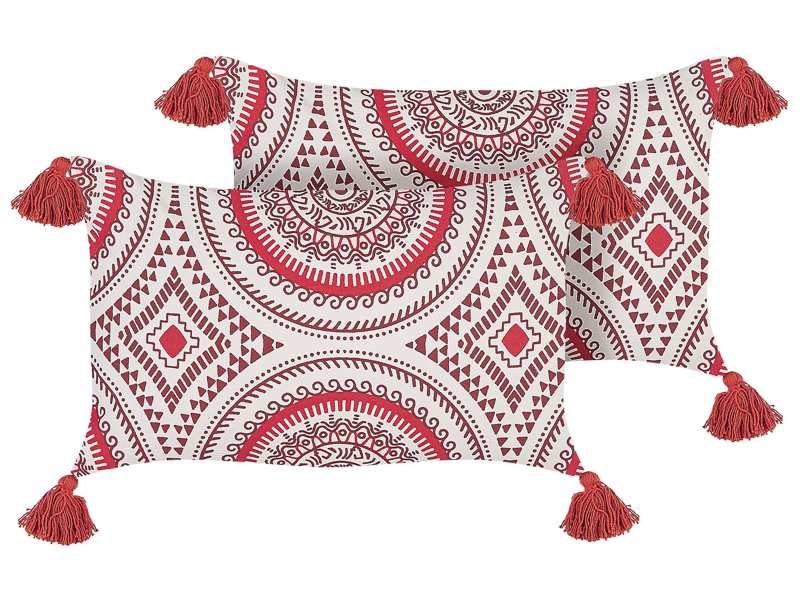 2 Scatter Cushions Red and White Cotton 30 x 50 cm Geometric Pattern Handwoven Removable Covers with Filling Oriental Style Beliani