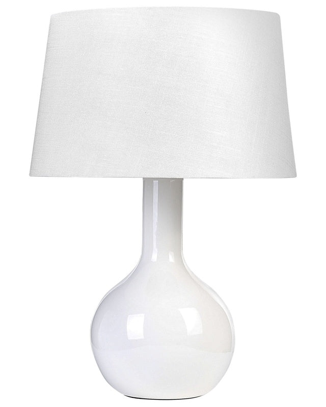 Table Lamp White Ceramic Base Fabric Shade Glossy Night Lamp Desk Light Classic Design Beliani