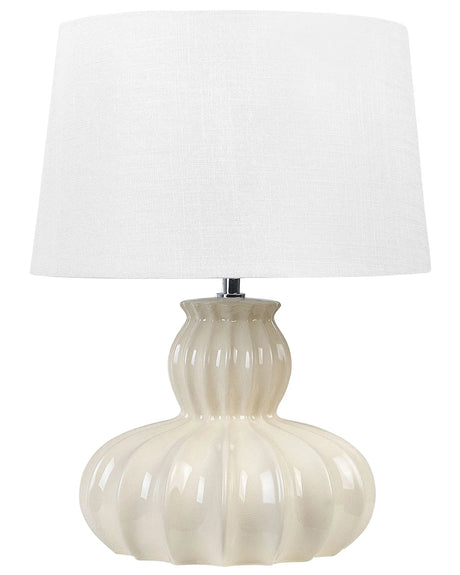 Table Lamp Beige Ceramic Base Fabric Shade Glossy Night Lamp Desk Light Modern Glam Design Beliani