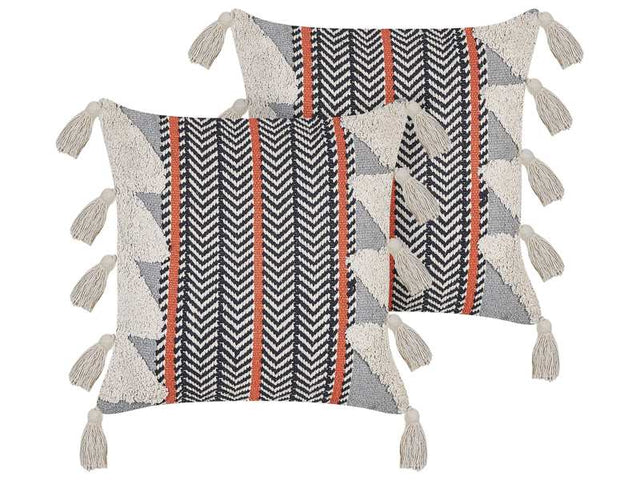 Set of 2 Decorative Cushions Multicolour Cotton 45 x 45 cm with Tassels Boho Chevron Pattern Beliani