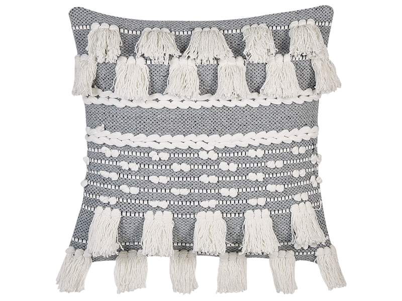 Decorative Cushion White and Grey Cotton 45 x 45 cm With Tassels Boho Retro Decor Accessories Beliani